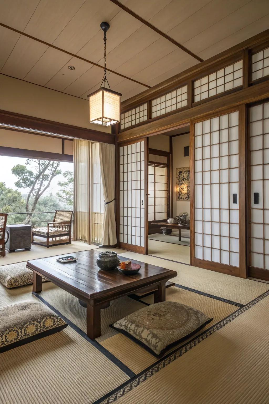 Gliding panels enhance functionality and style in this Japanese living room.