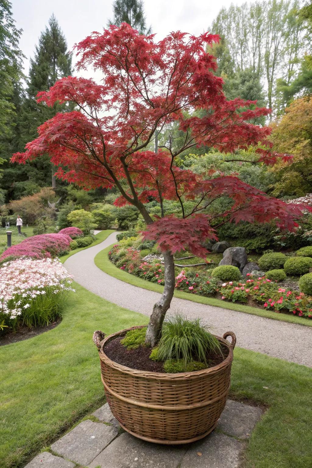 Nature-inspired design featuring a Japanese maple in a woven basket.