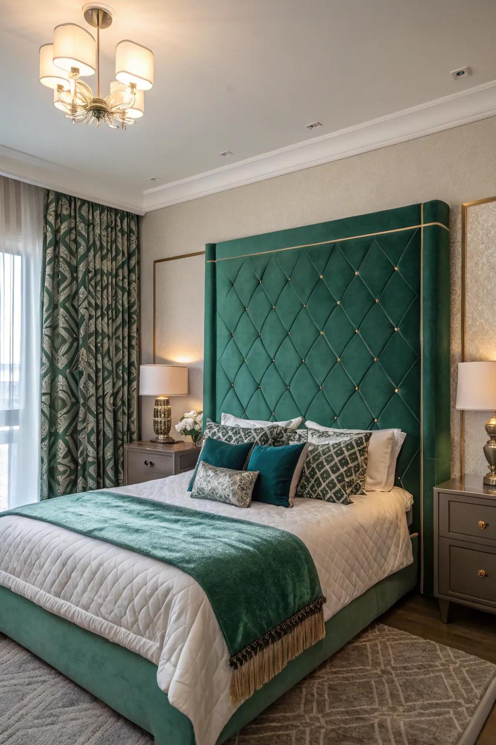 A striking headboard commands attention, establishing a focal point with captivating charm.