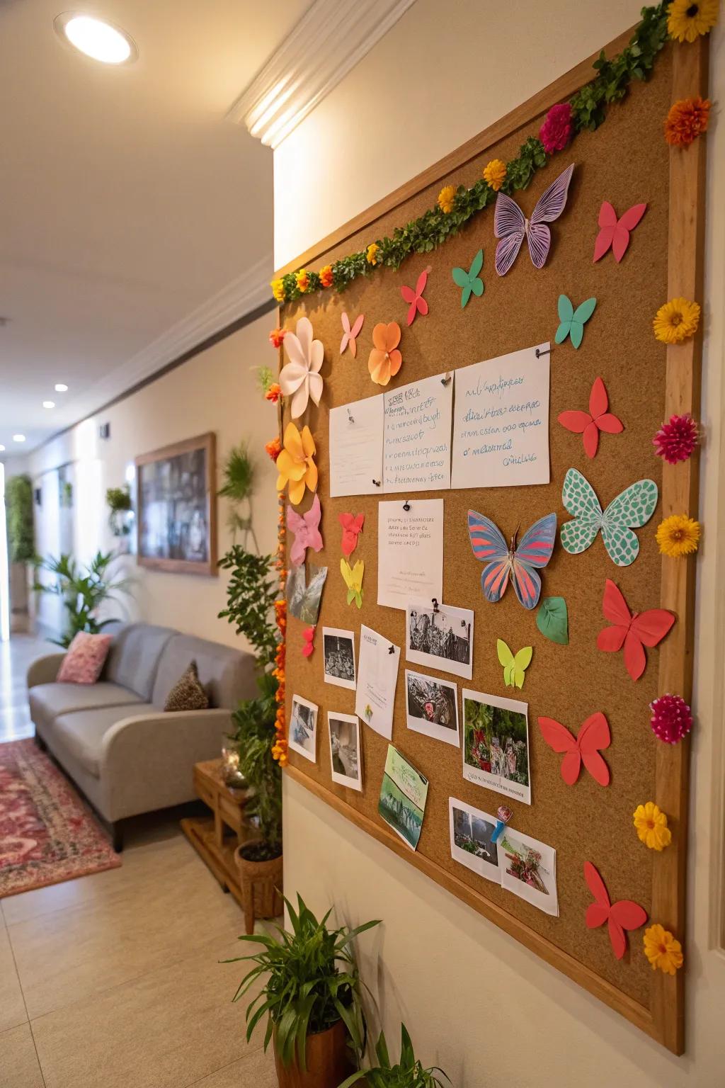A whimsical pinboard with lepidoptera and blossoms.