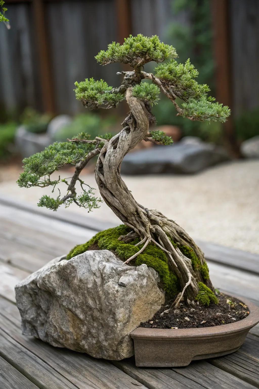 A root-grip juniper bonsai emphasizing nature&rsquo;s strength on a natural stone.