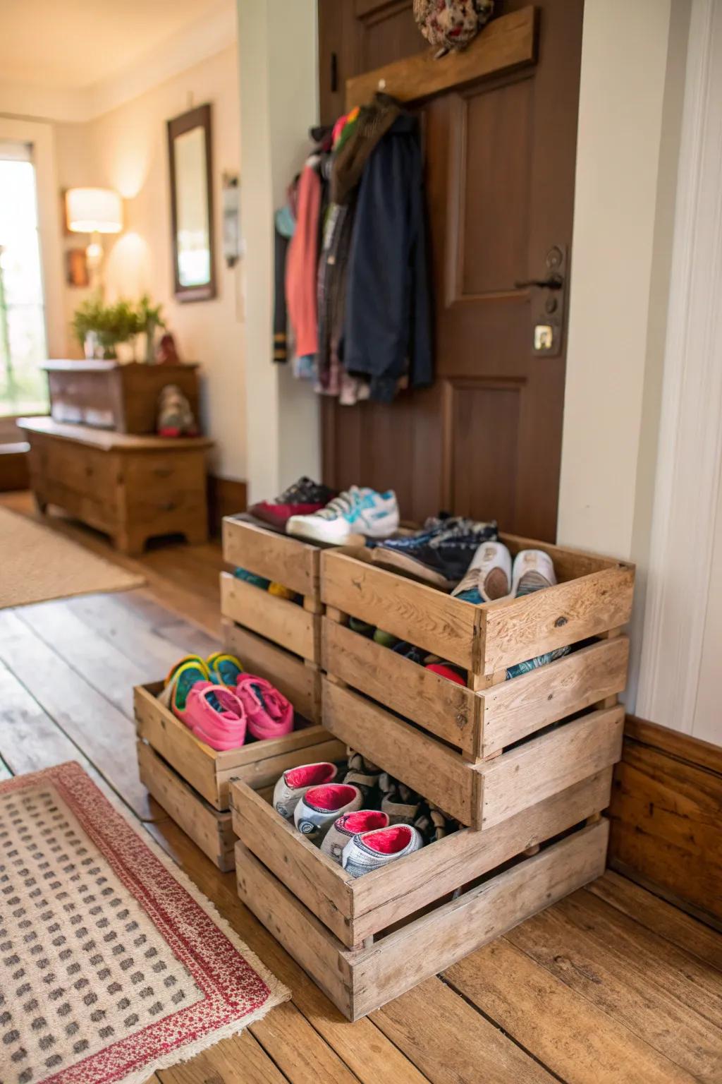 Using wooden crate shoe storage adds rustic charm.