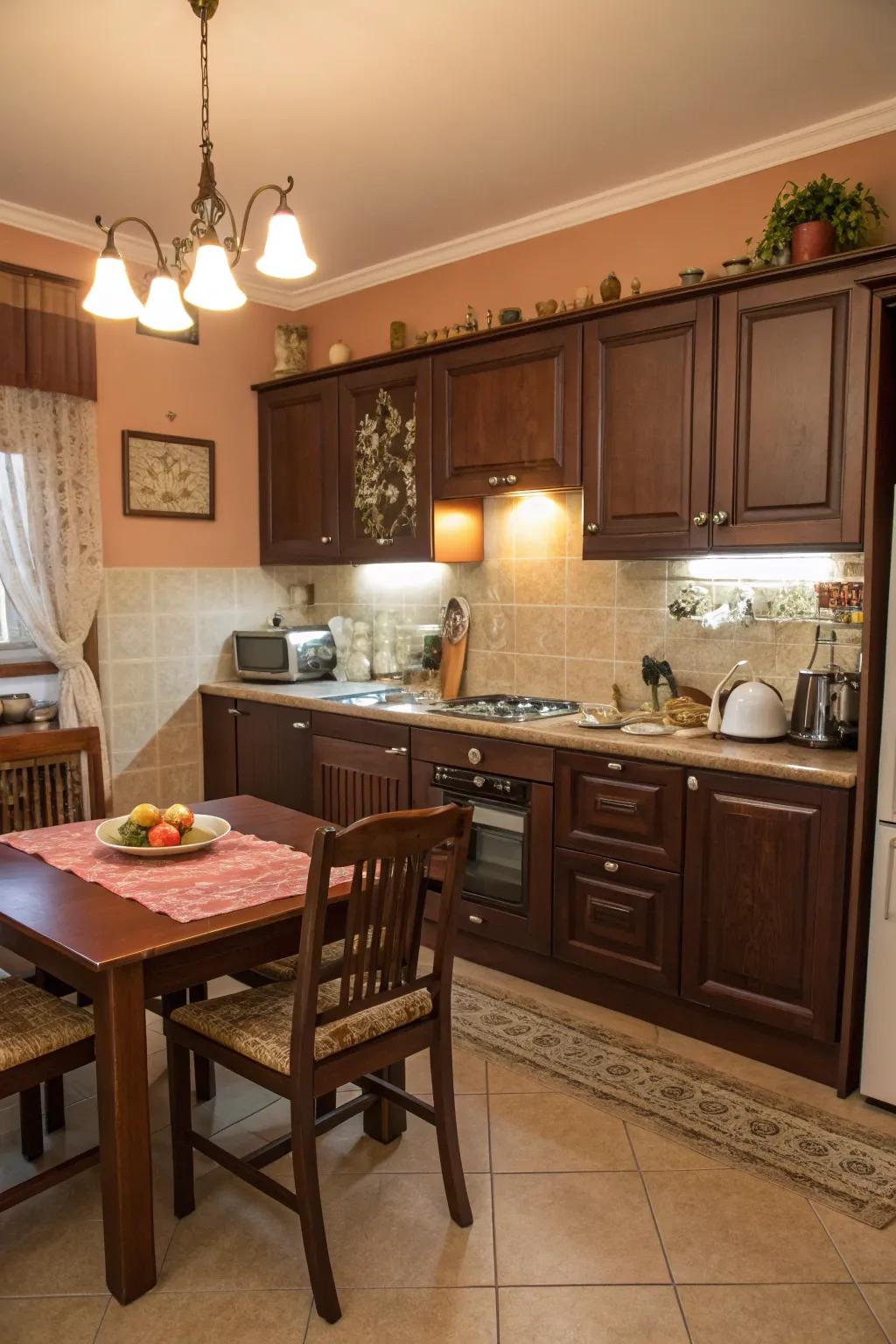 Abundant chocolate shades establish an intimate and snug kitchen ambiance.