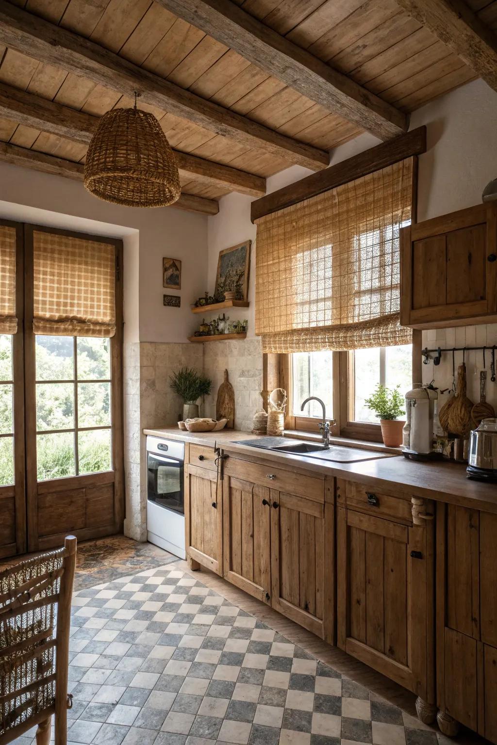 Cane shades introduce texture and warmth to the kitchen.