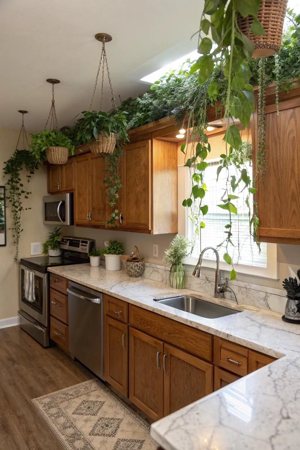 Suspended greenery adds a refreshing touch to your kitchen.