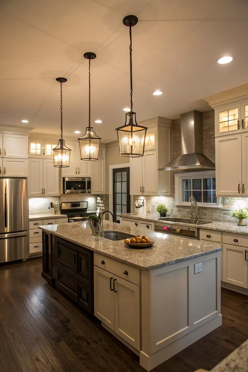 Recessed lights contribute to a balanced and layered lighting effect.
