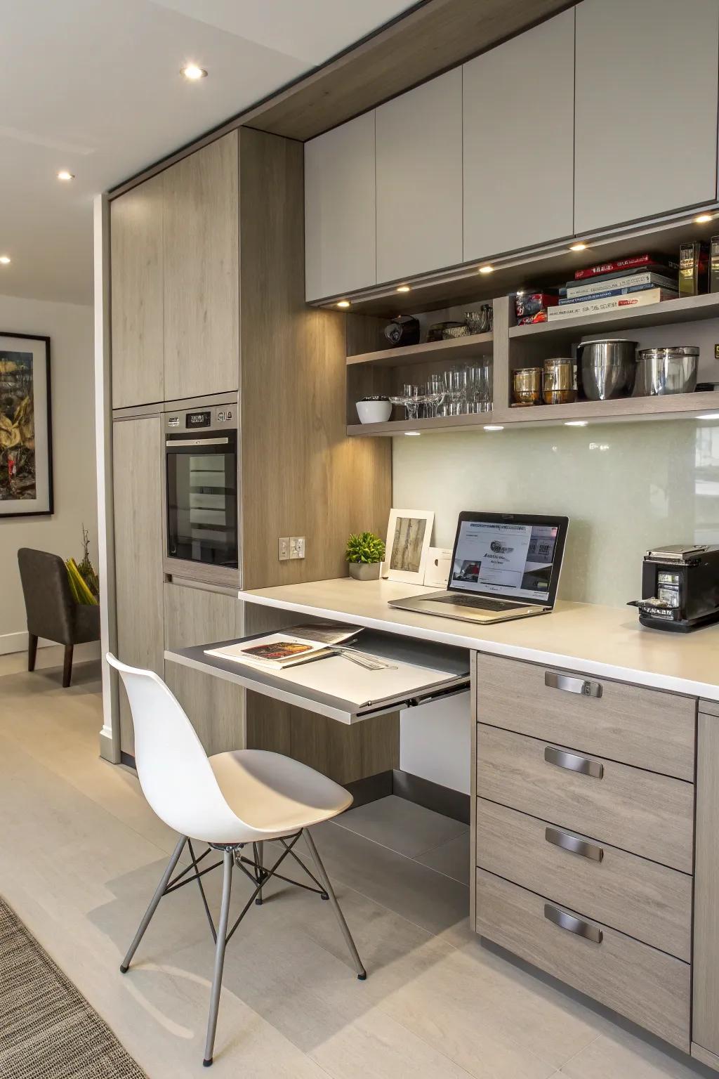 Hidden workstations keep the kitchen tidy and uncluttered.