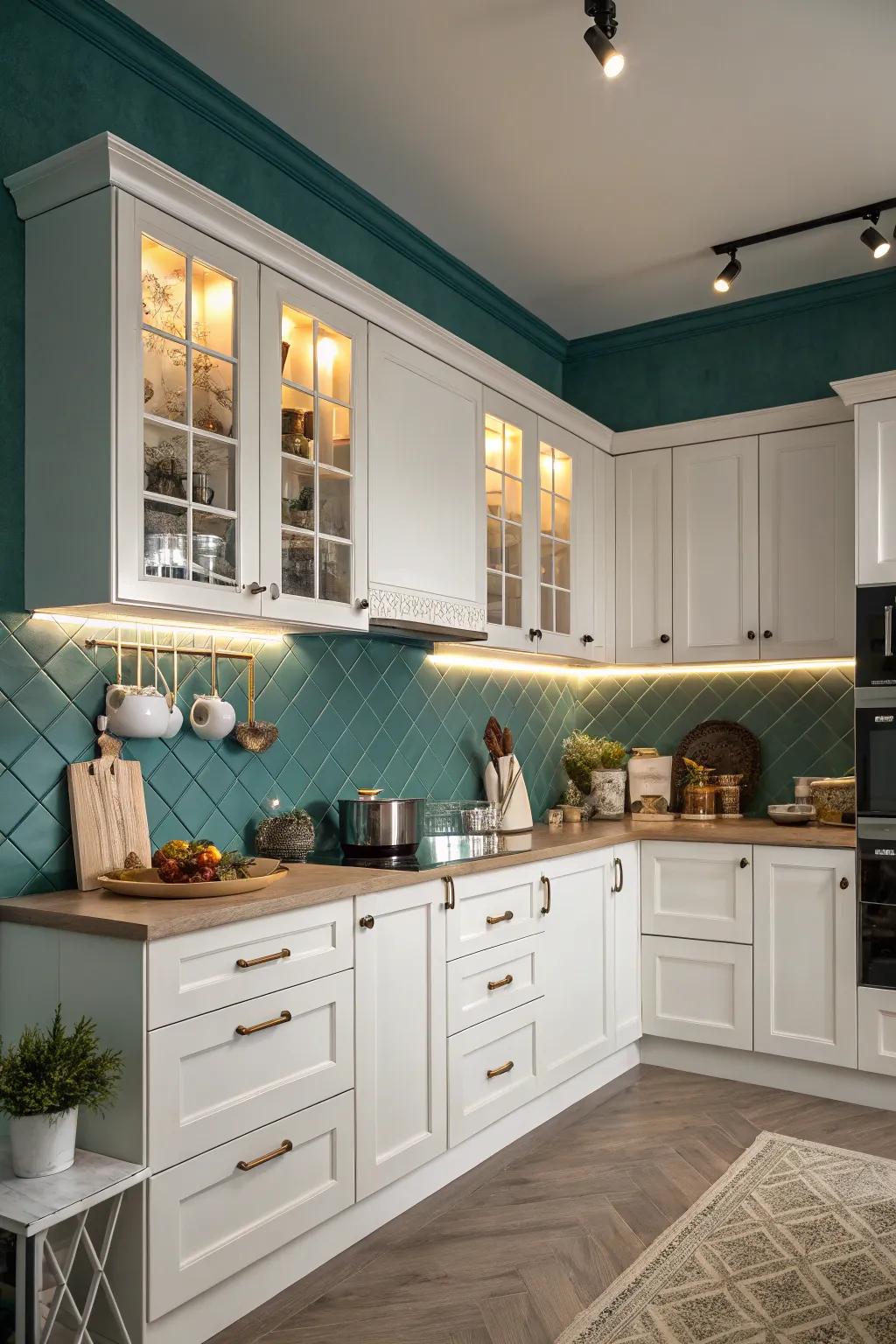 Brooding blue-green walls provide a bold and dramatic contrast.