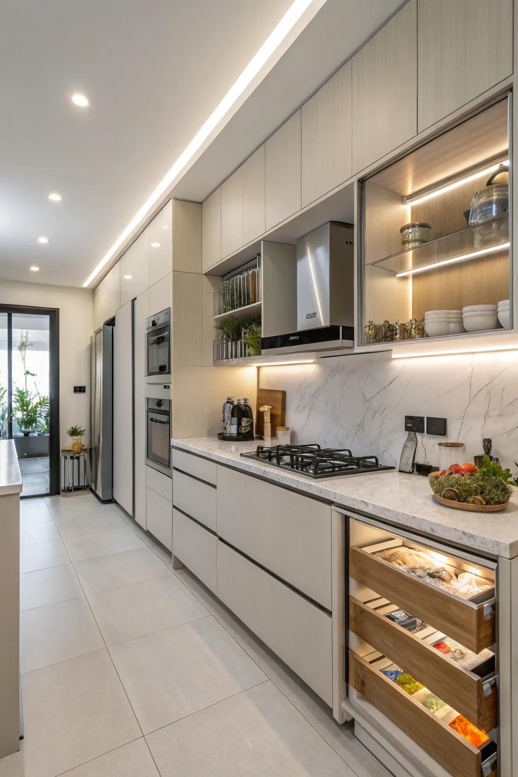 A sleek kitchen with innovative hidden storage solutions.
