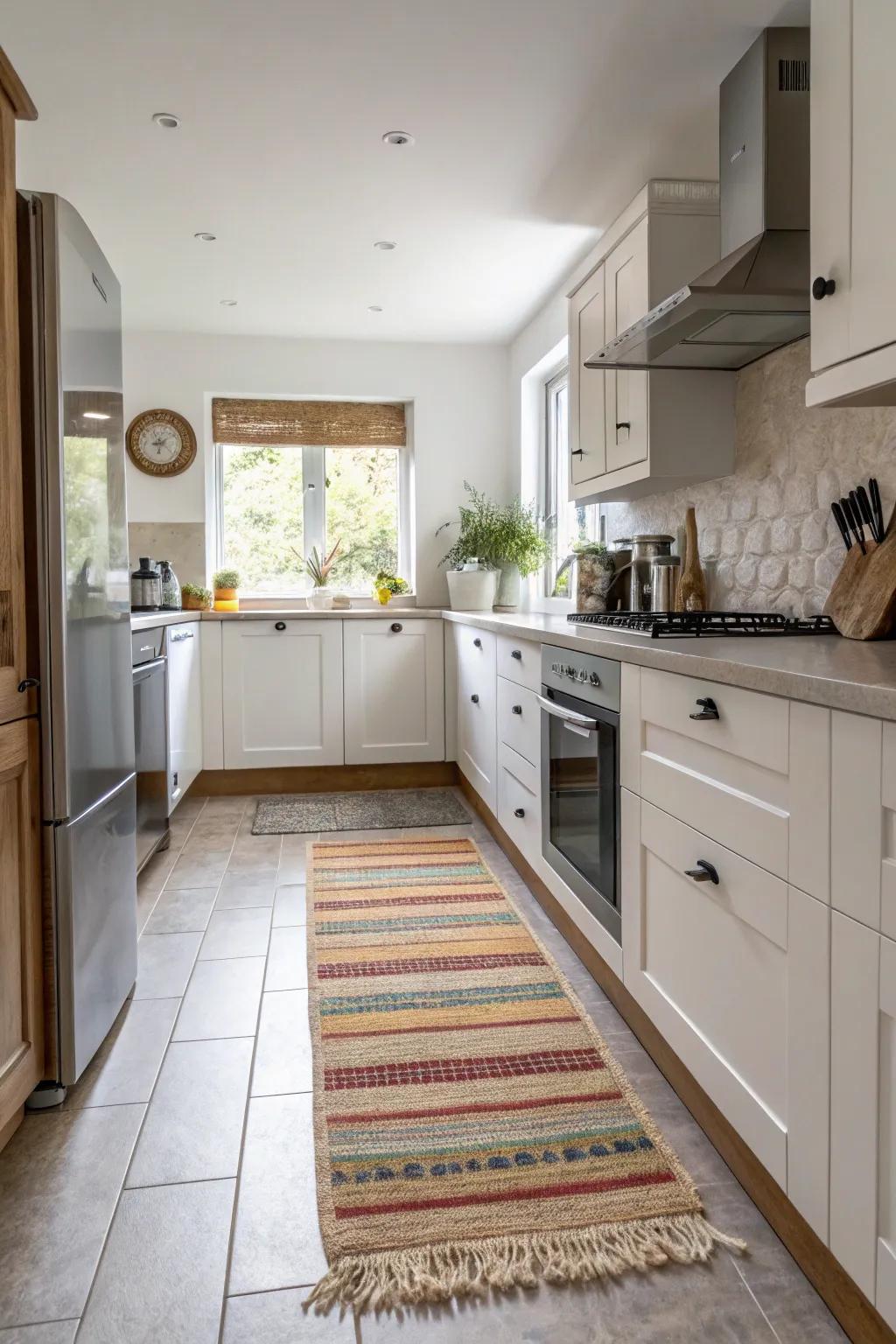 Machine-washable rugs blend functionality with style in lively kitchens.