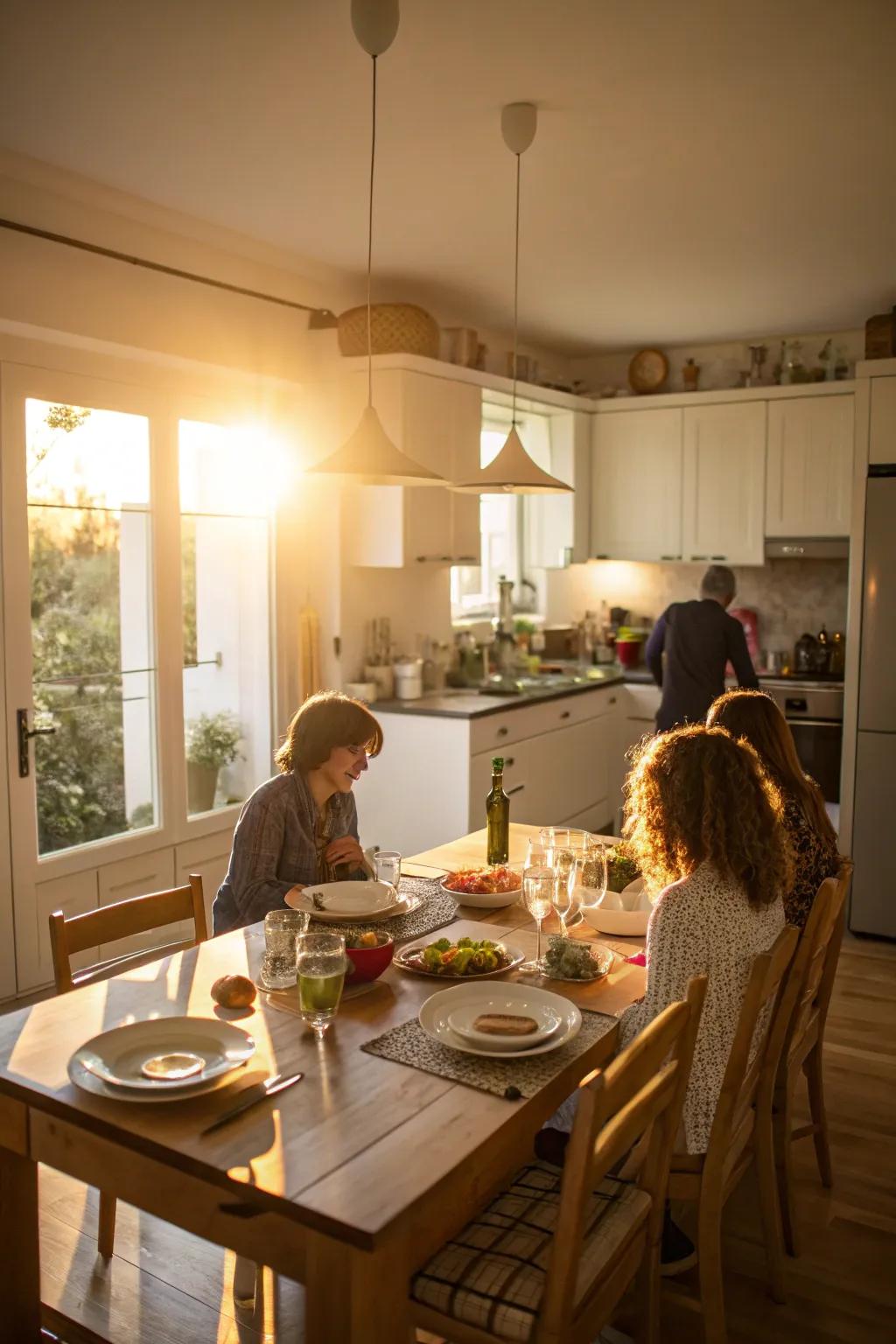 A cooking area with a dining table integration encouraging social interaction.