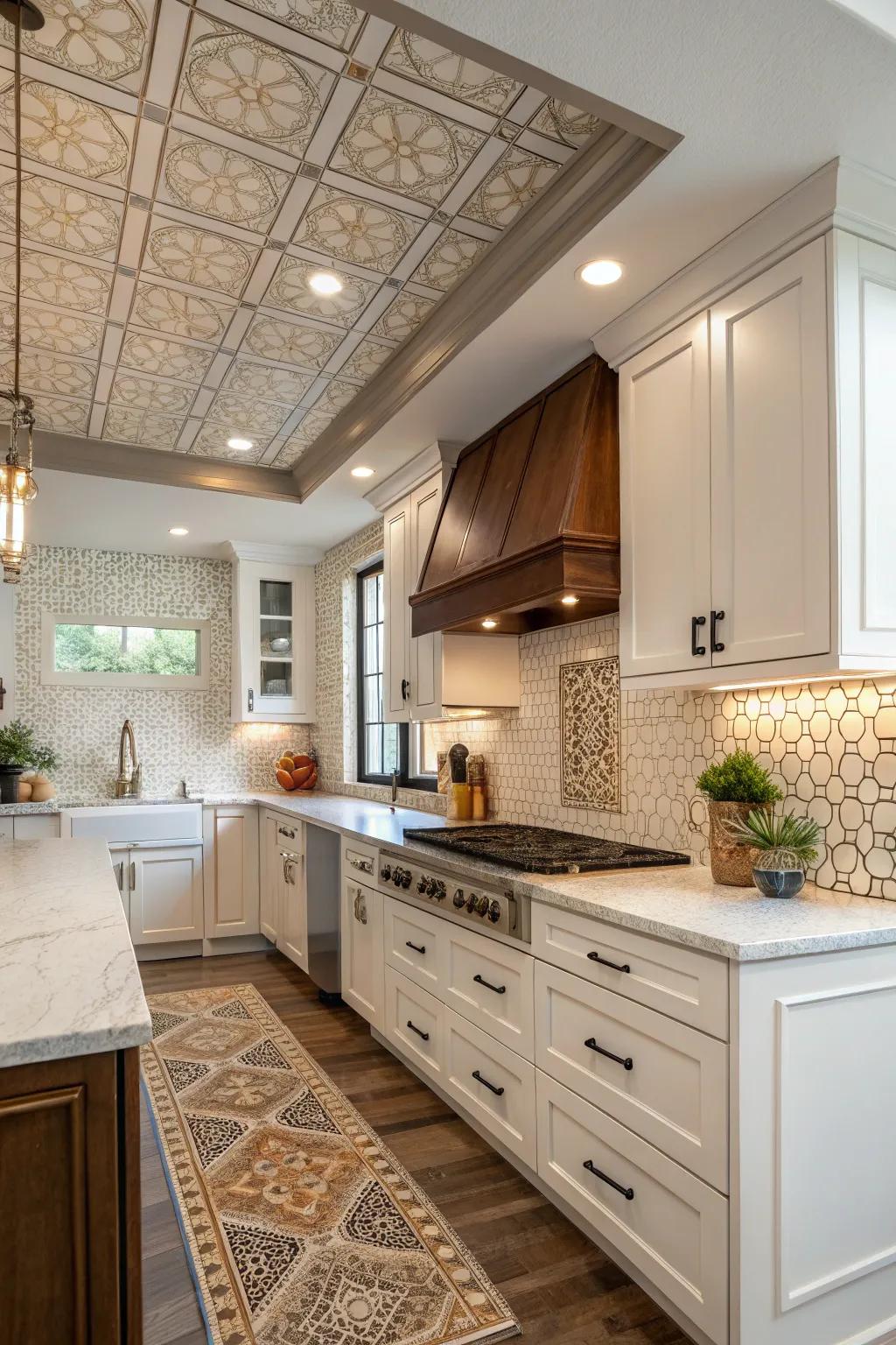 Soffit coated in matching tiles for a unified appearance.