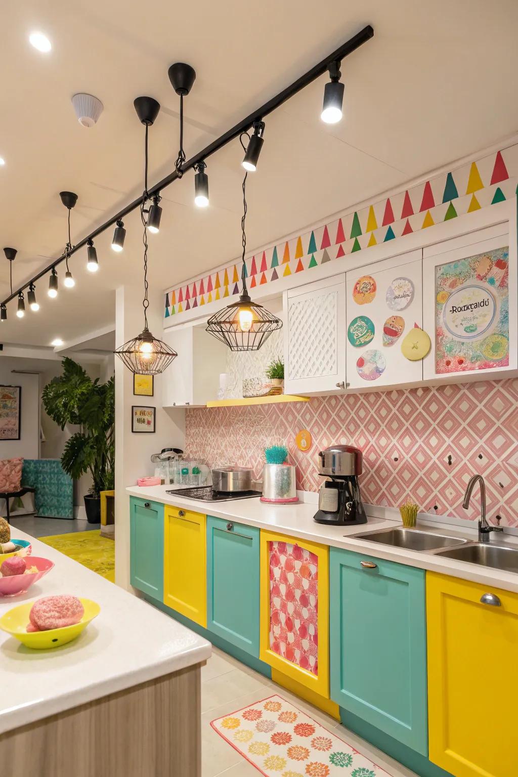 Add a playful touch with colorful track lighting accents.