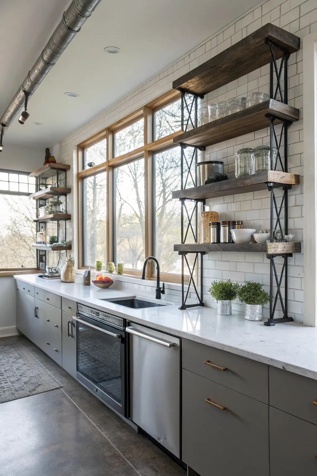Industrial-style metallic supports add an edgy touch to kitchen shelves.