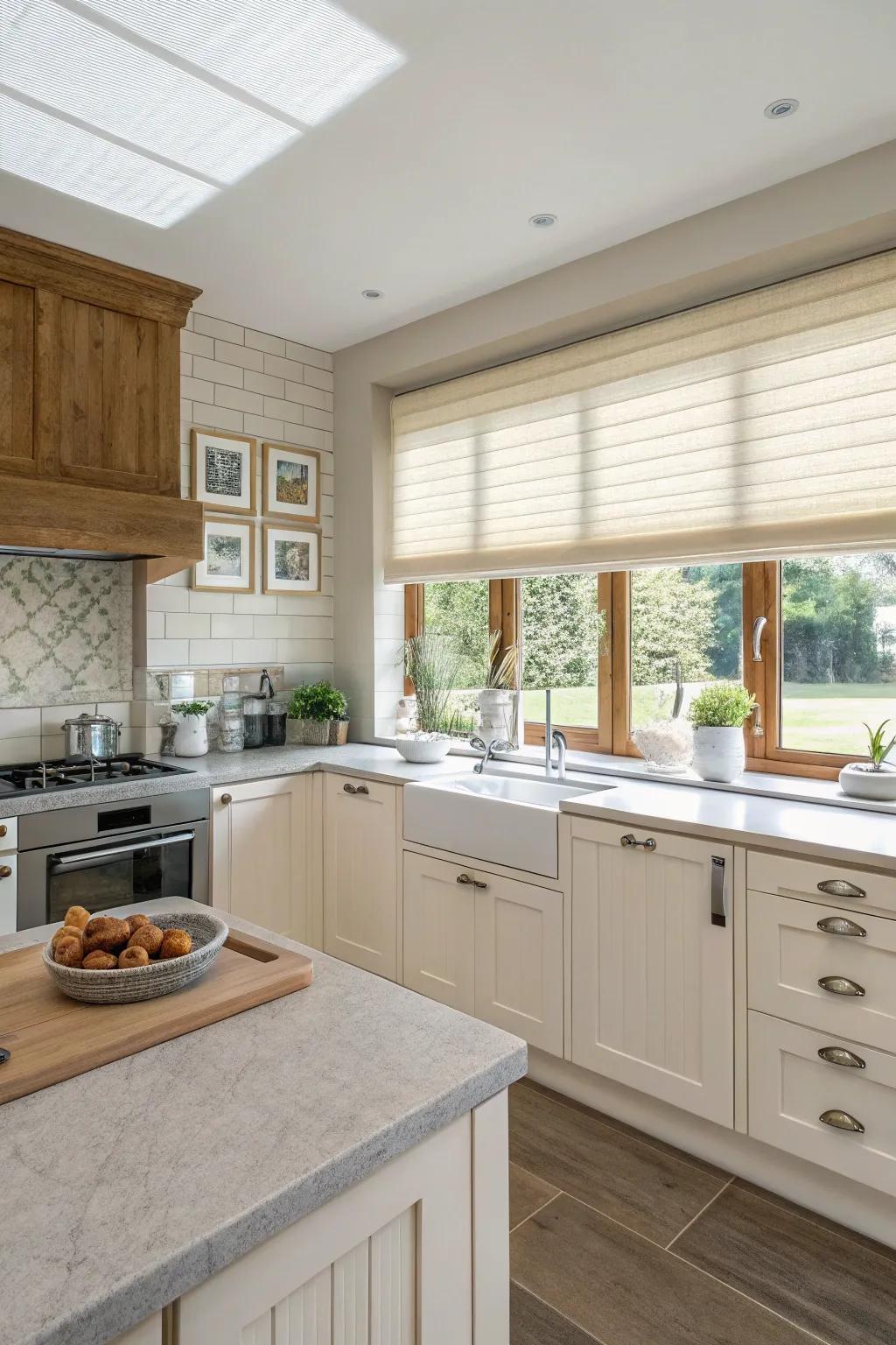 Top-down shades provide modifiable luminosity and privacy management.