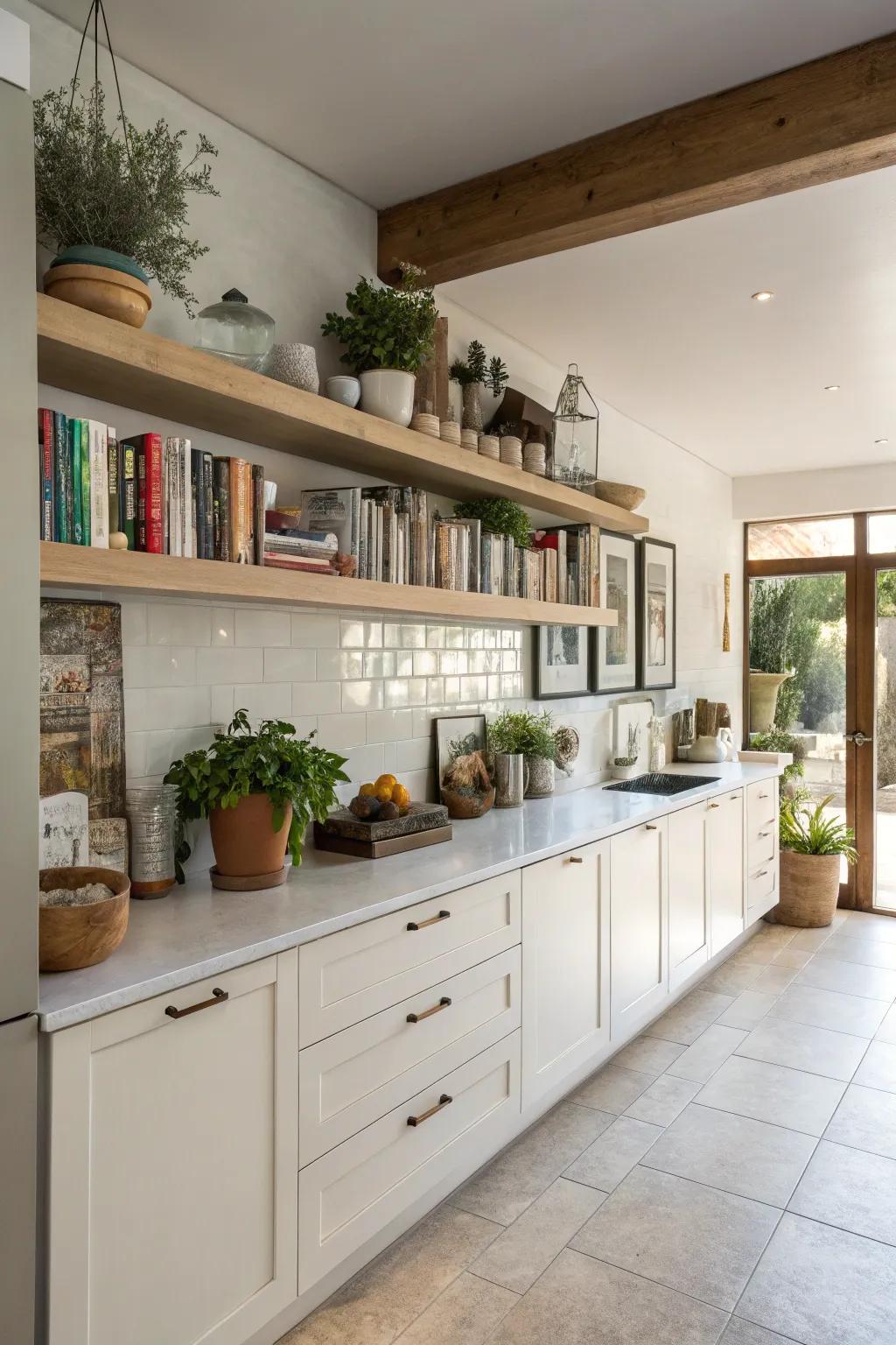 A long shelf creates a bold impression and maximizes storage.