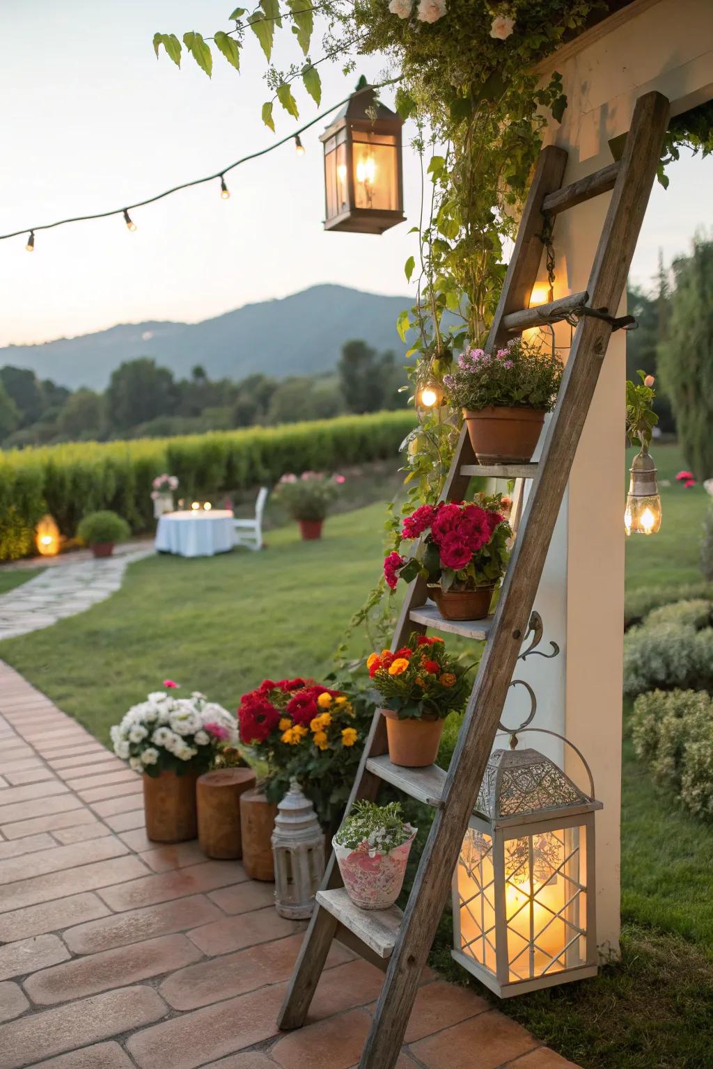 Outdoor ladder decor adds charm to any patio or garden.