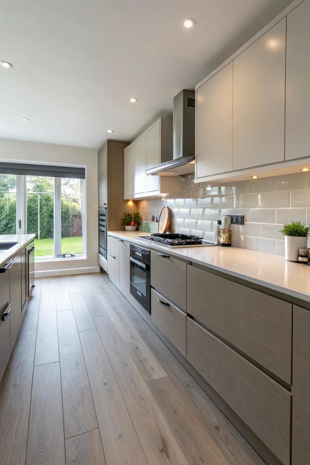 Seamless transition from floor to backsplash for smoothness in design.