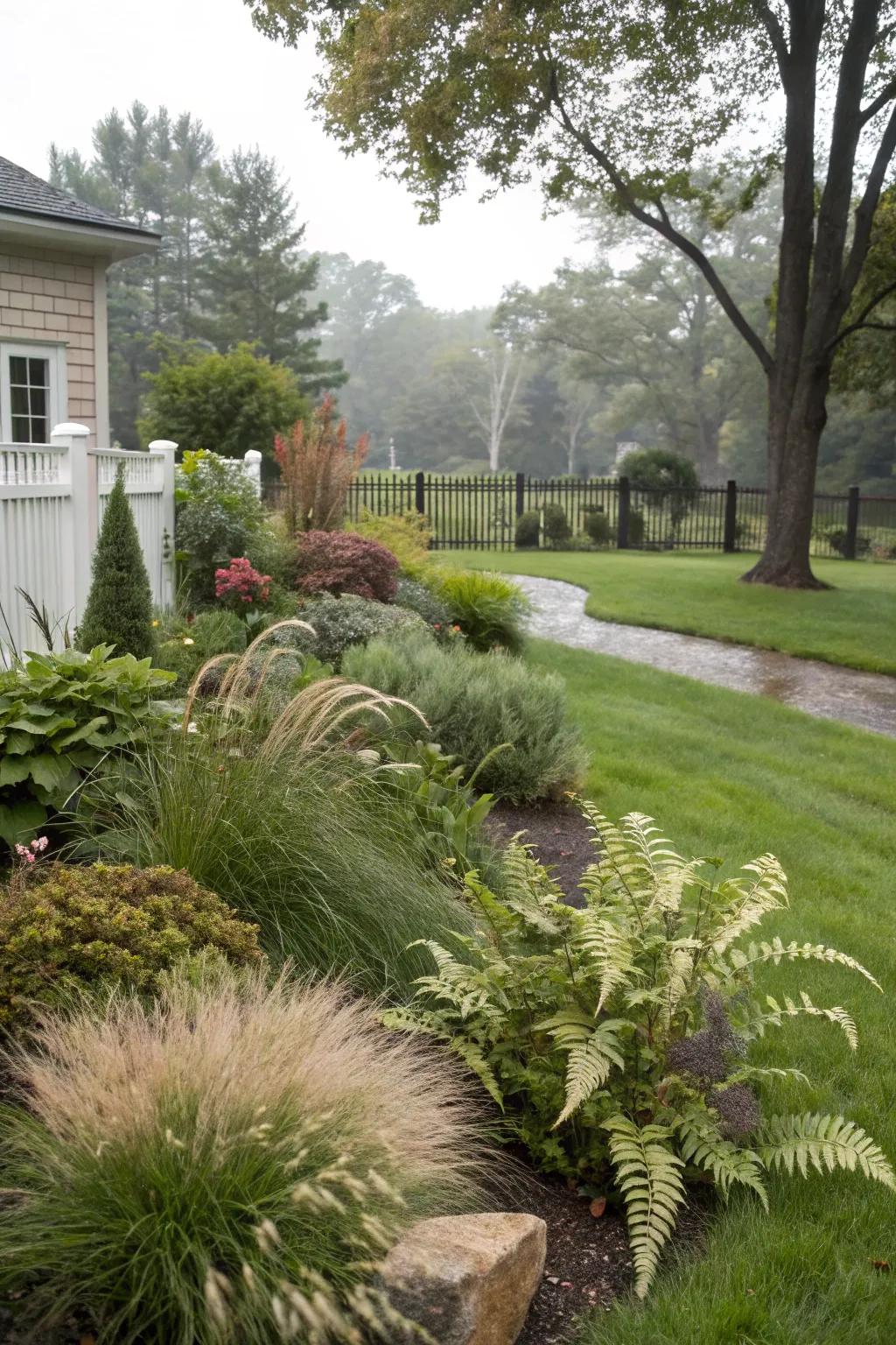A variety of plant textures crafts an inviting and complex landscape.
