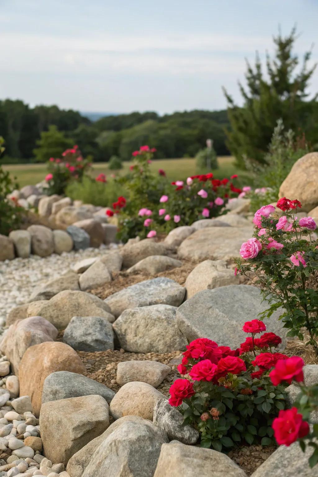 Knockout roses add vibrant accents to rock gardens.