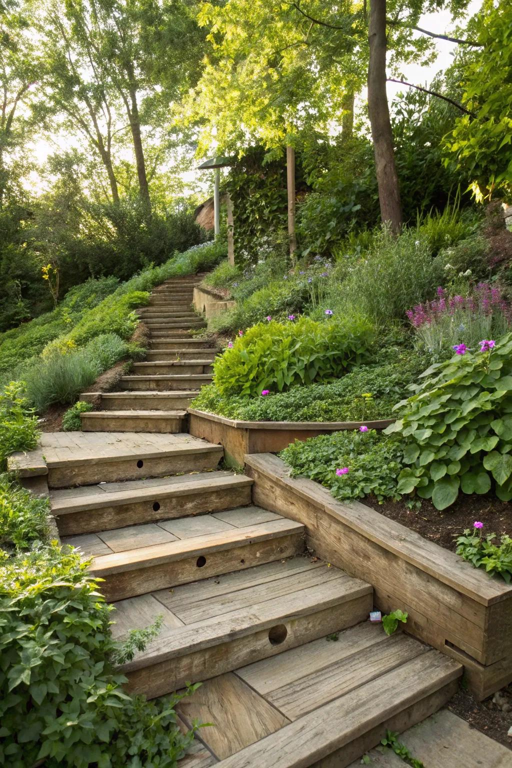 Timber steps facilitate an elegant ascent across sloped landscapes.