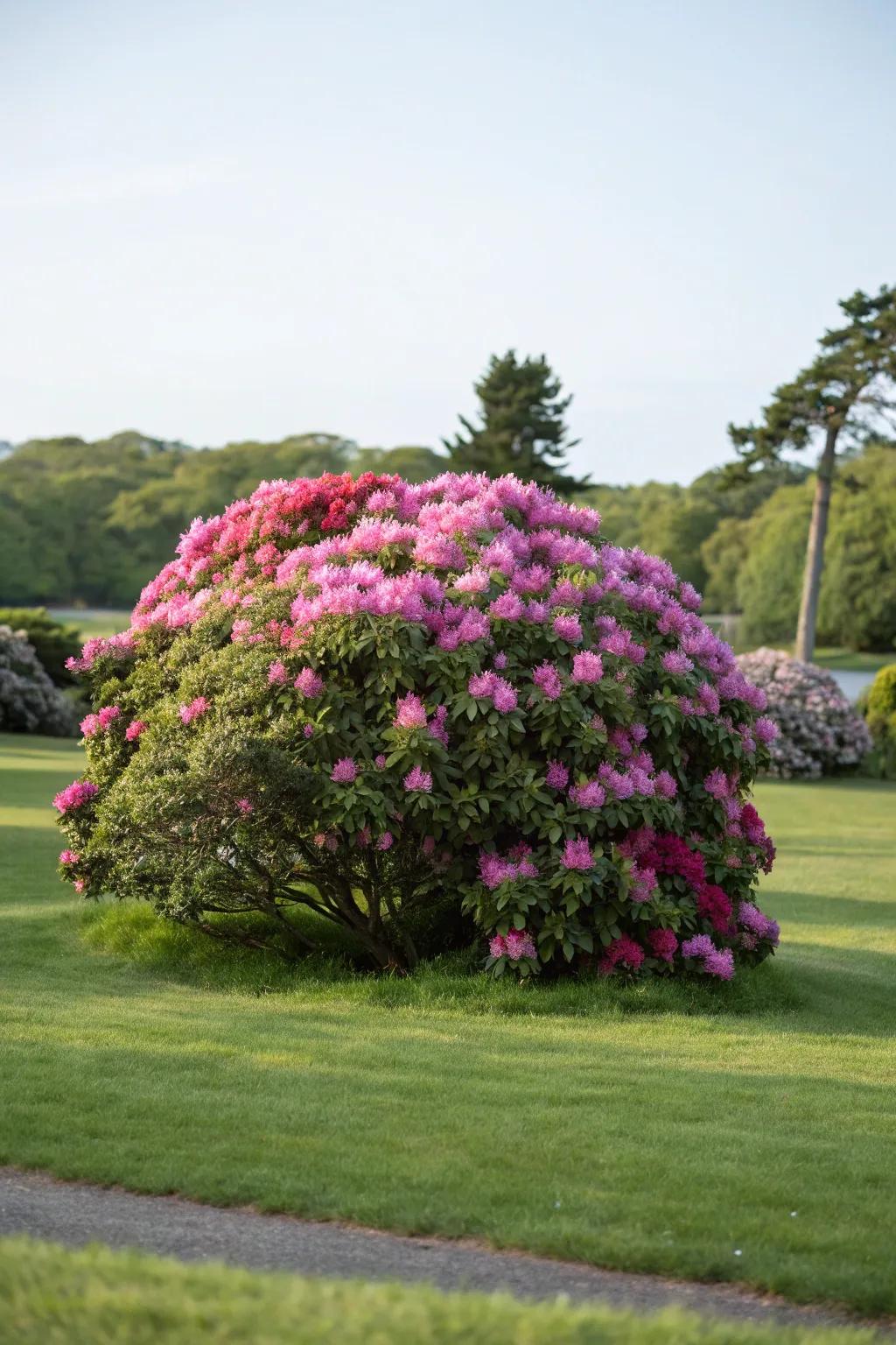 A dramatic rhododendron enclave in the center of a green lawn.