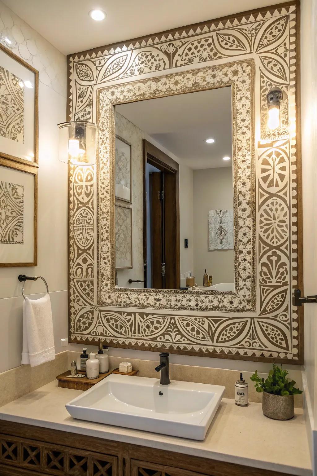 Stenciling incorporates a personalized, inventive essence into bathroom mirrors.