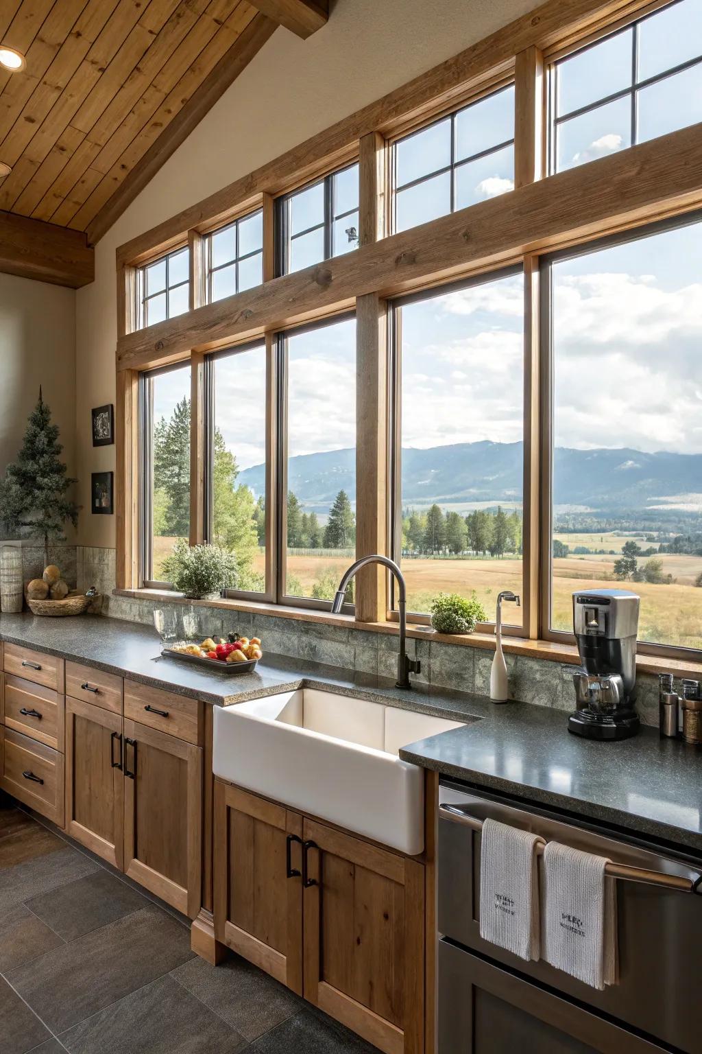 Contemporary rural appeal via large scenic windows.