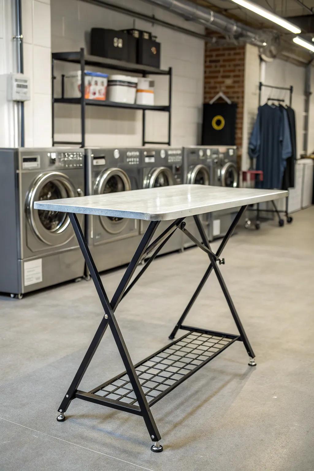 An industrial table adds a modern edge to the room.