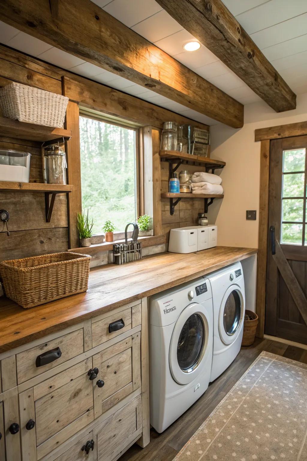 Eco-conscious reclaimed wood countertops in the laundry room.