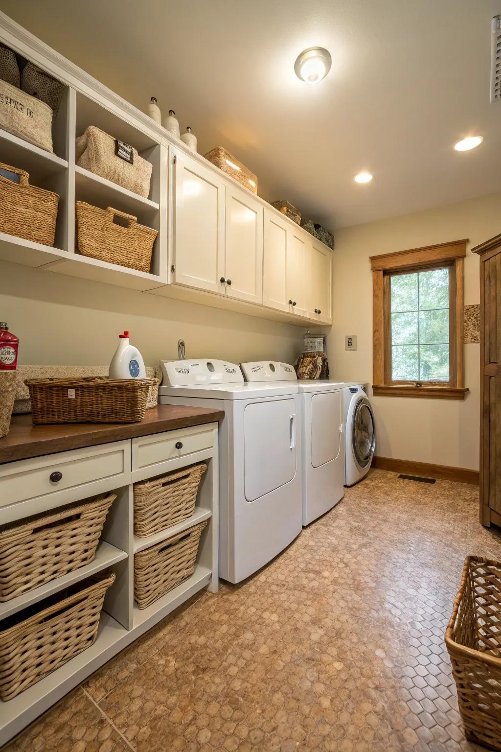 Cork flooring makes the laundry area cozy and welcoming.