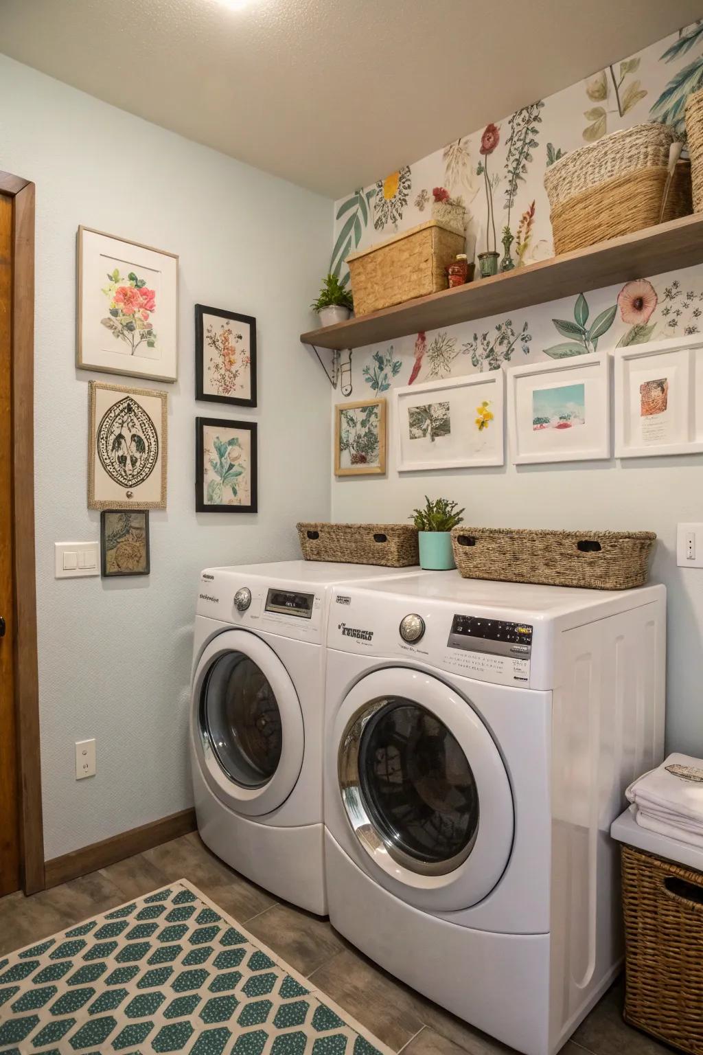Artistic wall decor injects personality into your laundry space.