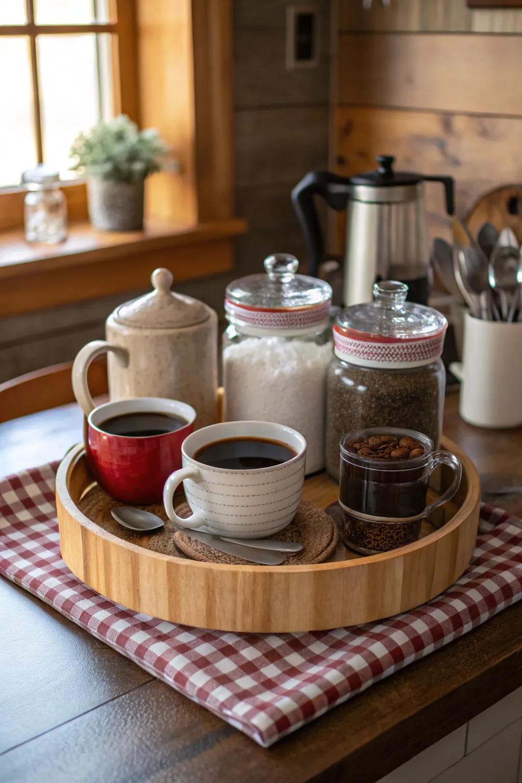 A cozy and organized coffee nook with a rotating tray.