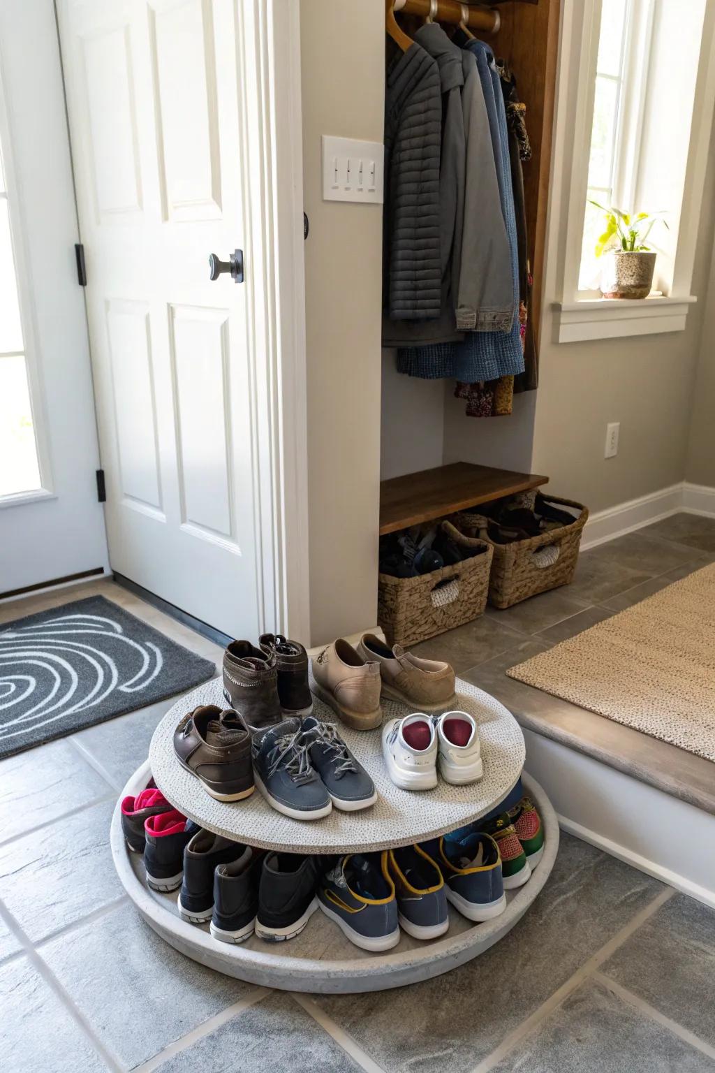 Organize your entryway with a turntable shoe storage.