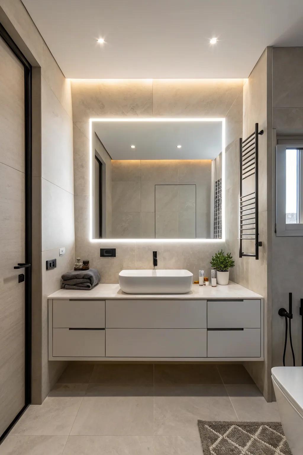 A minimalist lavatory with an unencased light-emitting diode reflective surface that emphasizes simplicity.