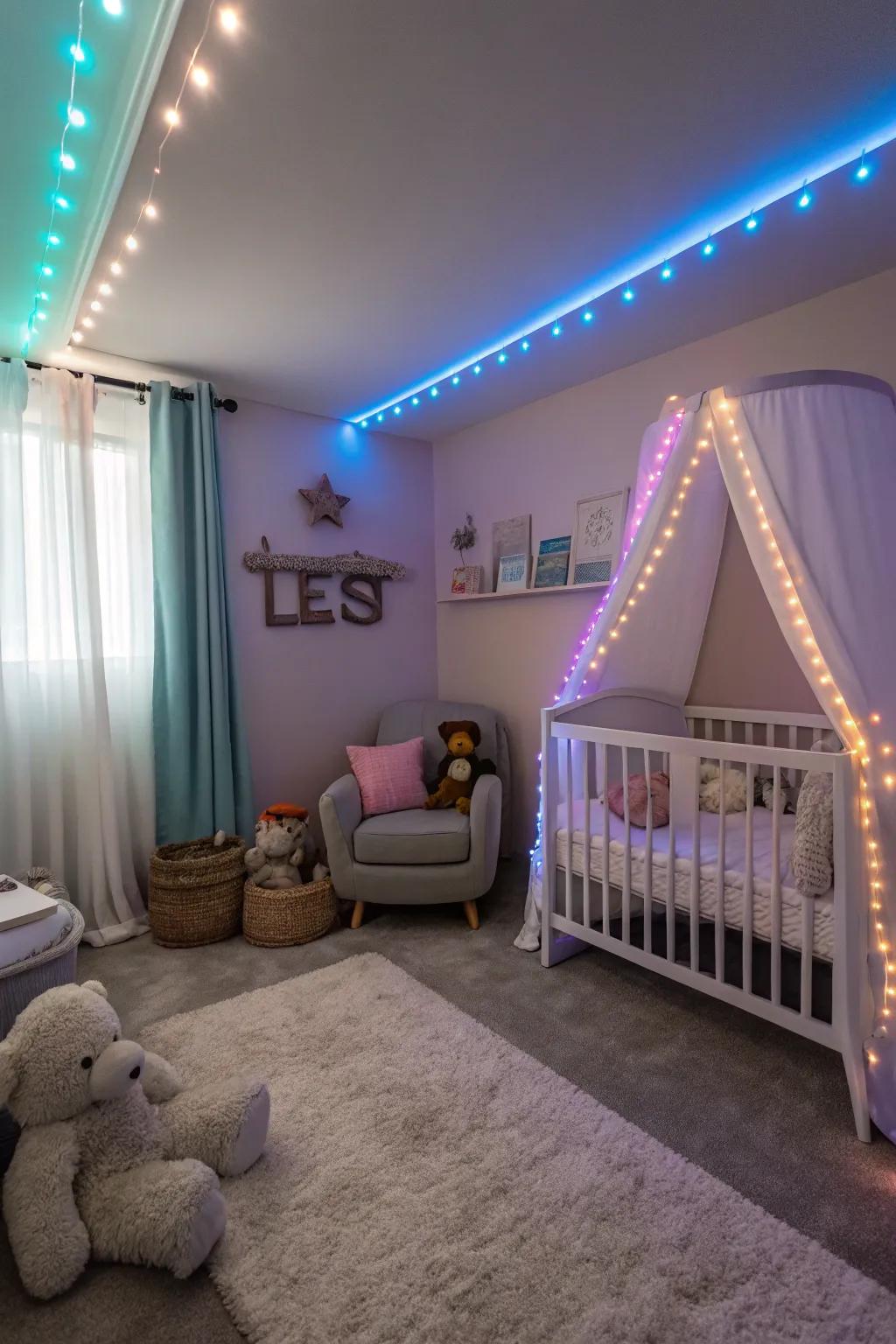 Gentle and soothing nursery lighting using LED glow tapes.