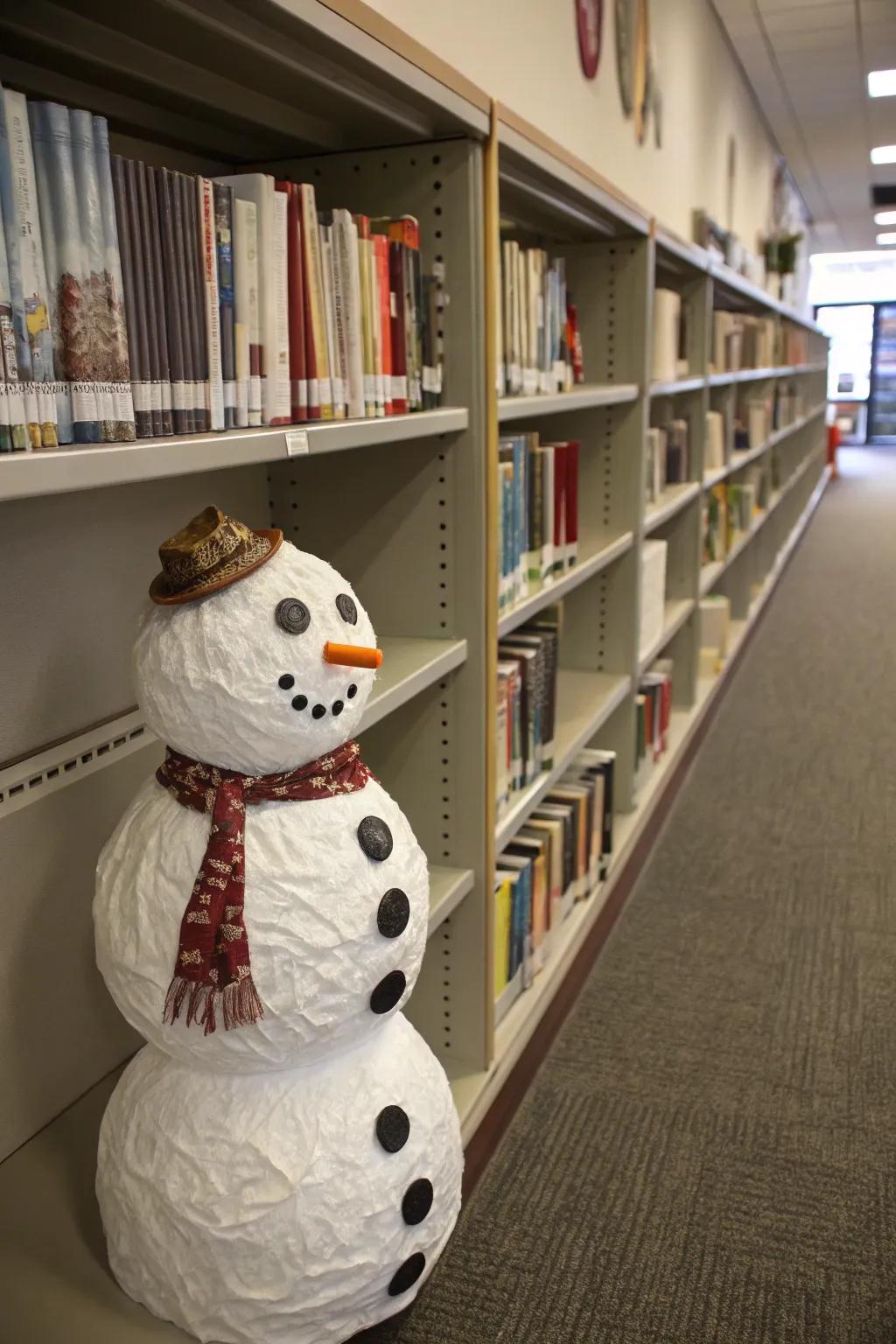 Add a playful element employing snowman shelf guardians.