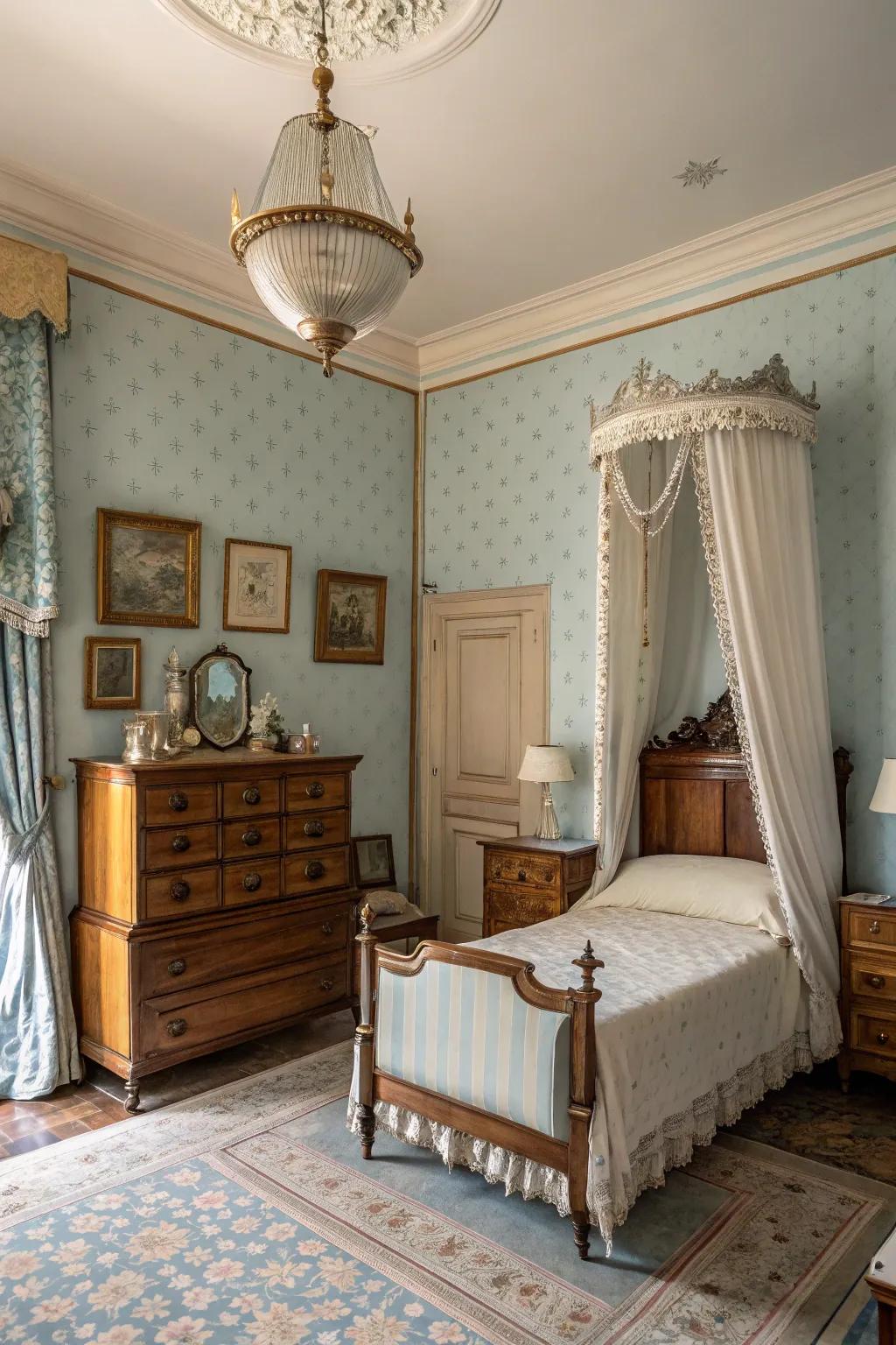 A vintage bedroom with light blue walls and antique furniture for a nostalgic feel.