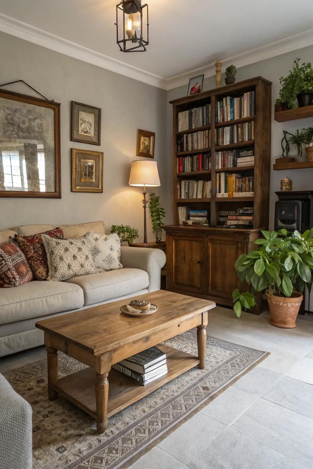A timeless living room with light grey flooring and vintage accents.
