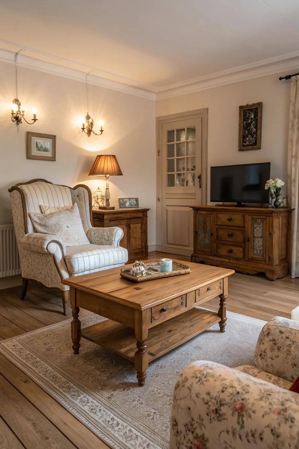 A living room with vintage charm, complemented by the timeless appeal of light wood floors.