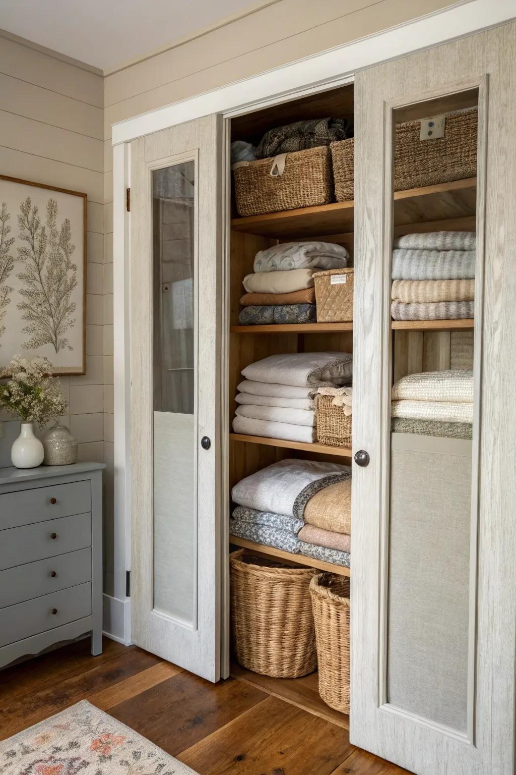 Drape panels add warmth and texture to a linen closet.