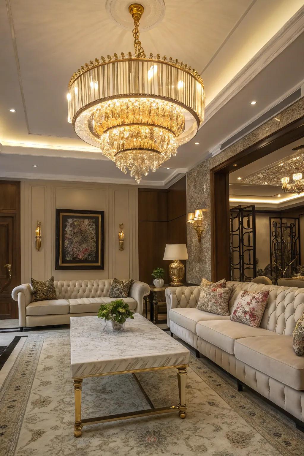 A fancy living room featuring an overhead light with gold finishes.