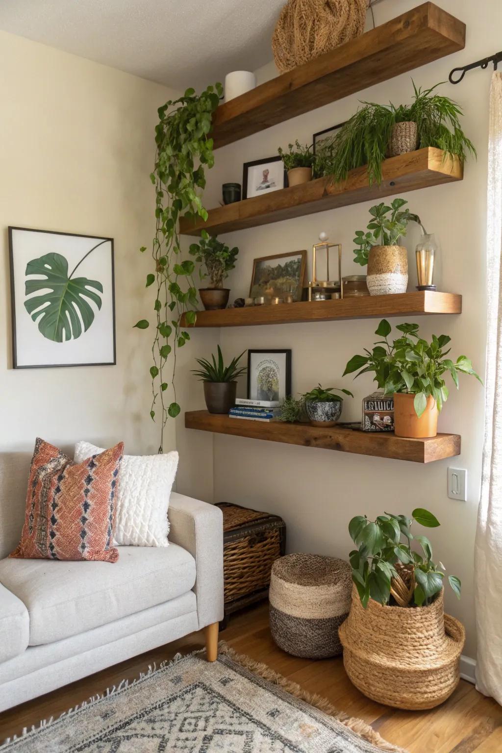Take advantage of corners by using shelves to get added spot.