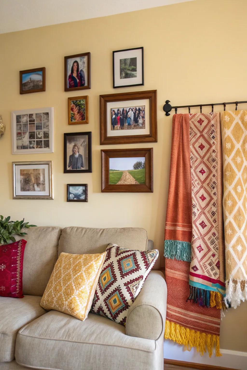Employ textiles for an inviting wall featuring warmth and texture.