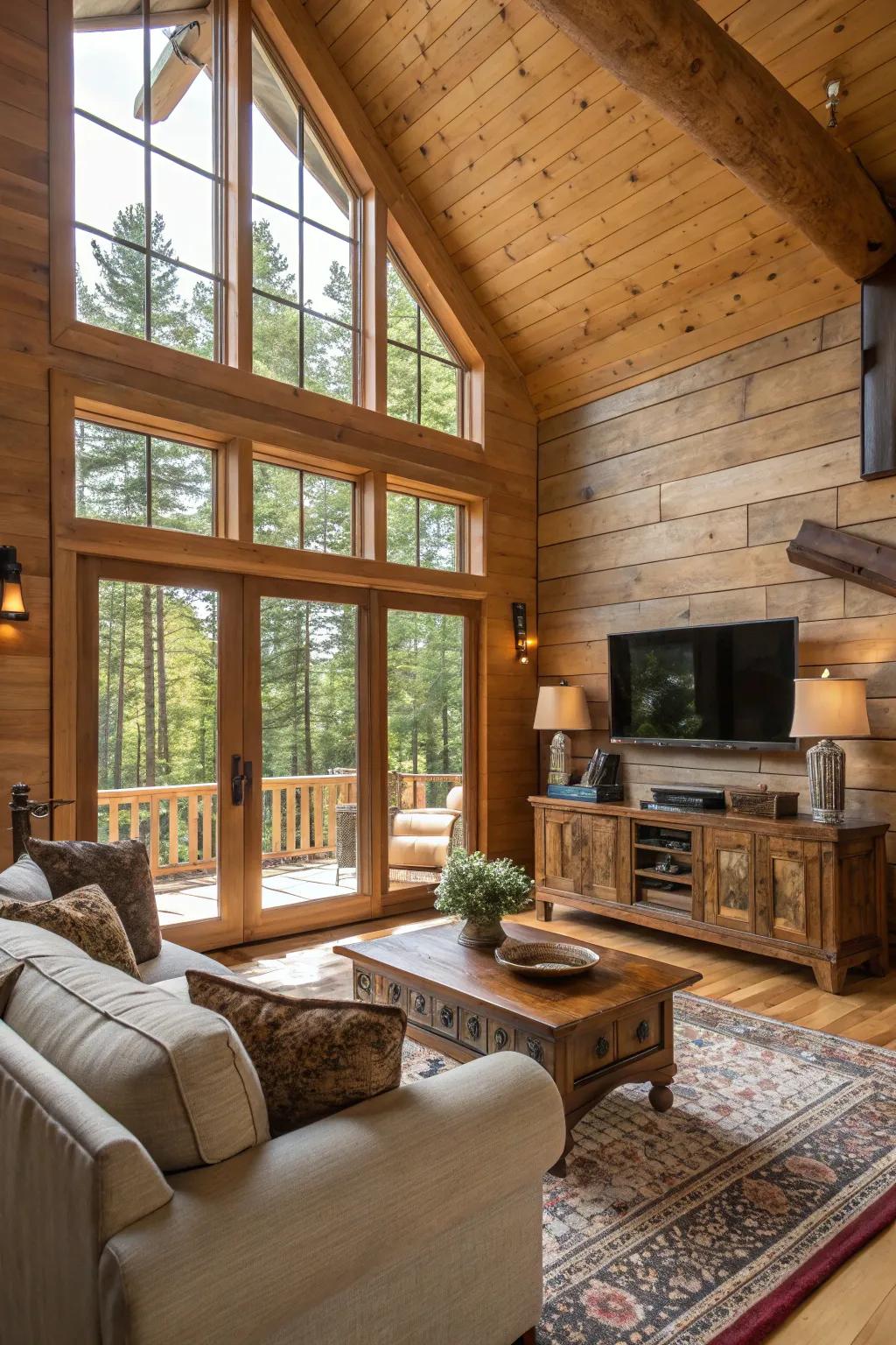 Infuse coziness through rustic lumber highlights surrounding your picture window.