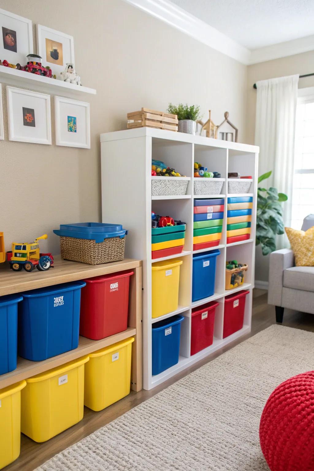 Color-coded bins make organization easy and fun for kids.