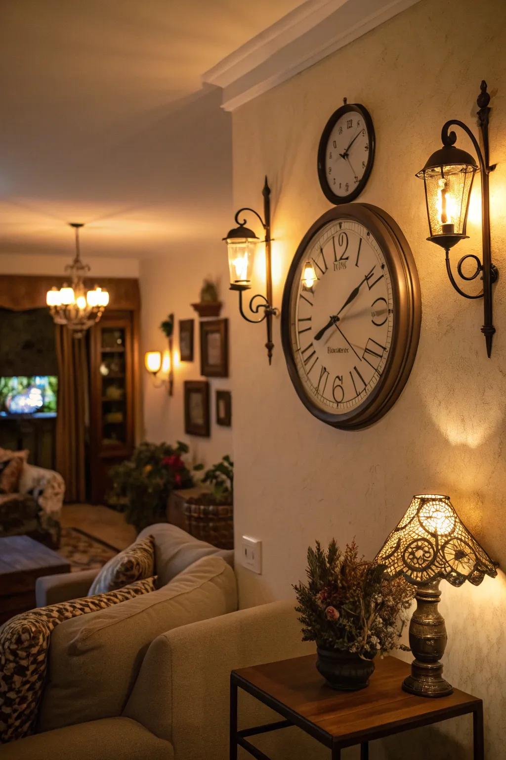 Illumination highlights the wall clock and cultivates a warm ambiance.