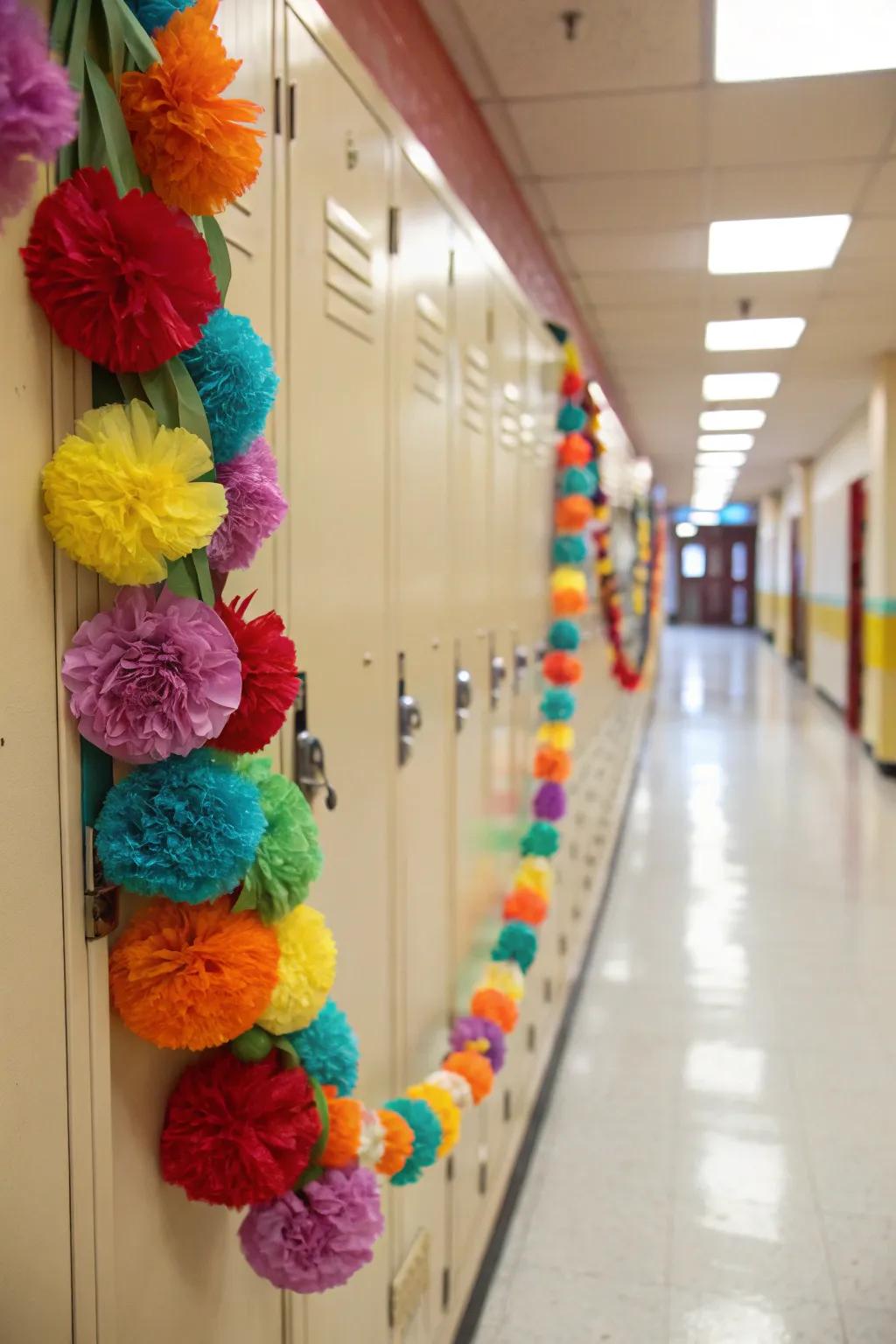 A locker adorned with a cheerful handmade festoon for a merry look.