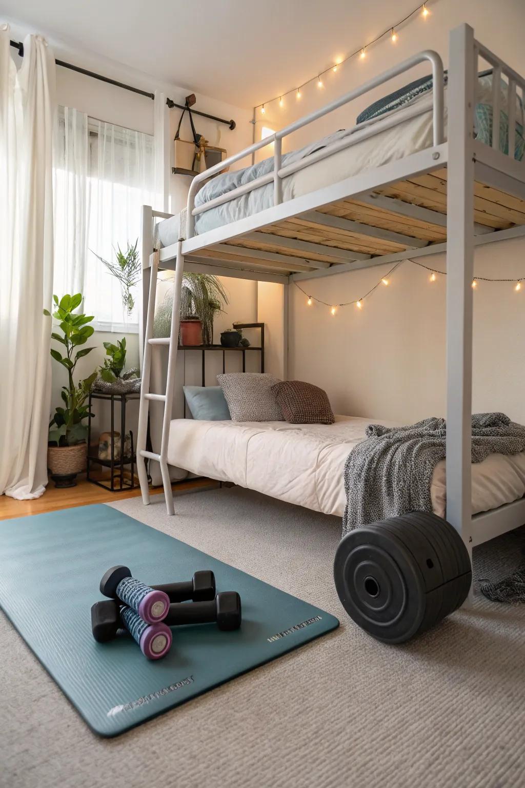 A high sleeper with a dedicated space for fitness activities.