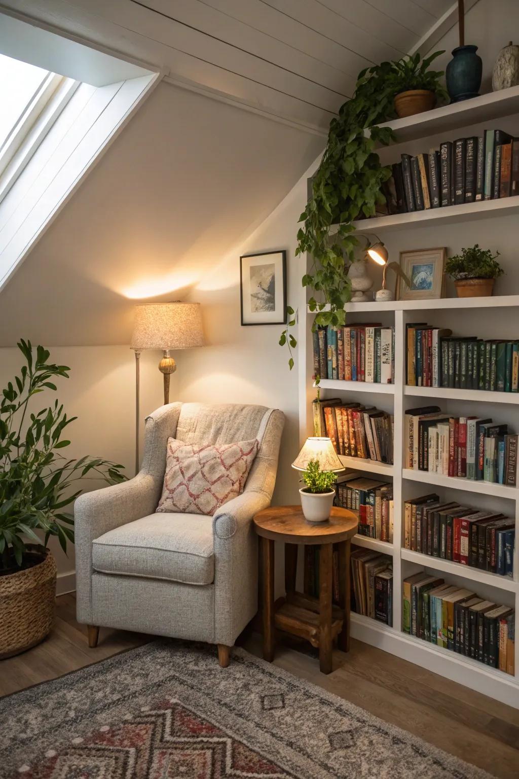 Peaceful reading spot within a loft library.